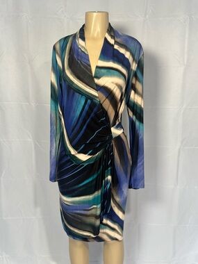 Karen Kane Blue and Teal Abstract Wrap Dress